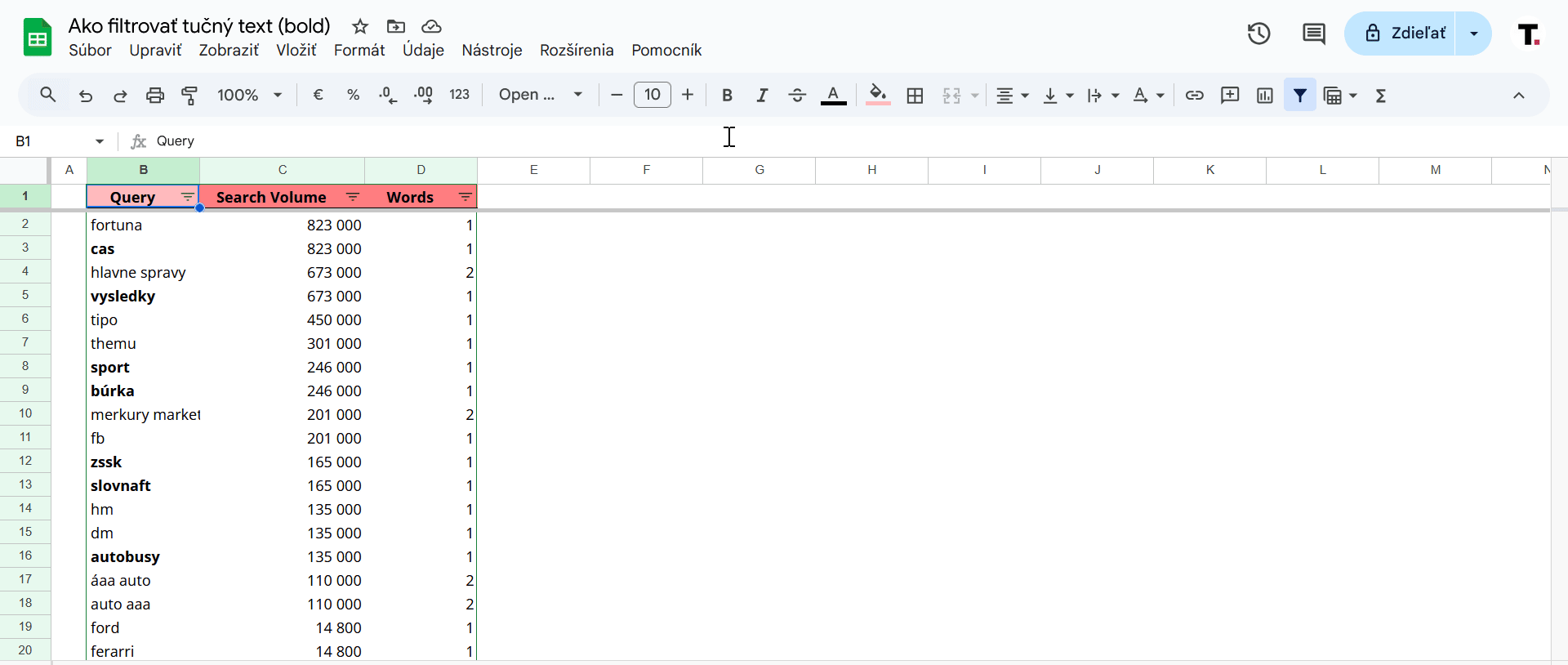 Ako filtrovať bunky s tučným písmom (bold) v Google Sheets