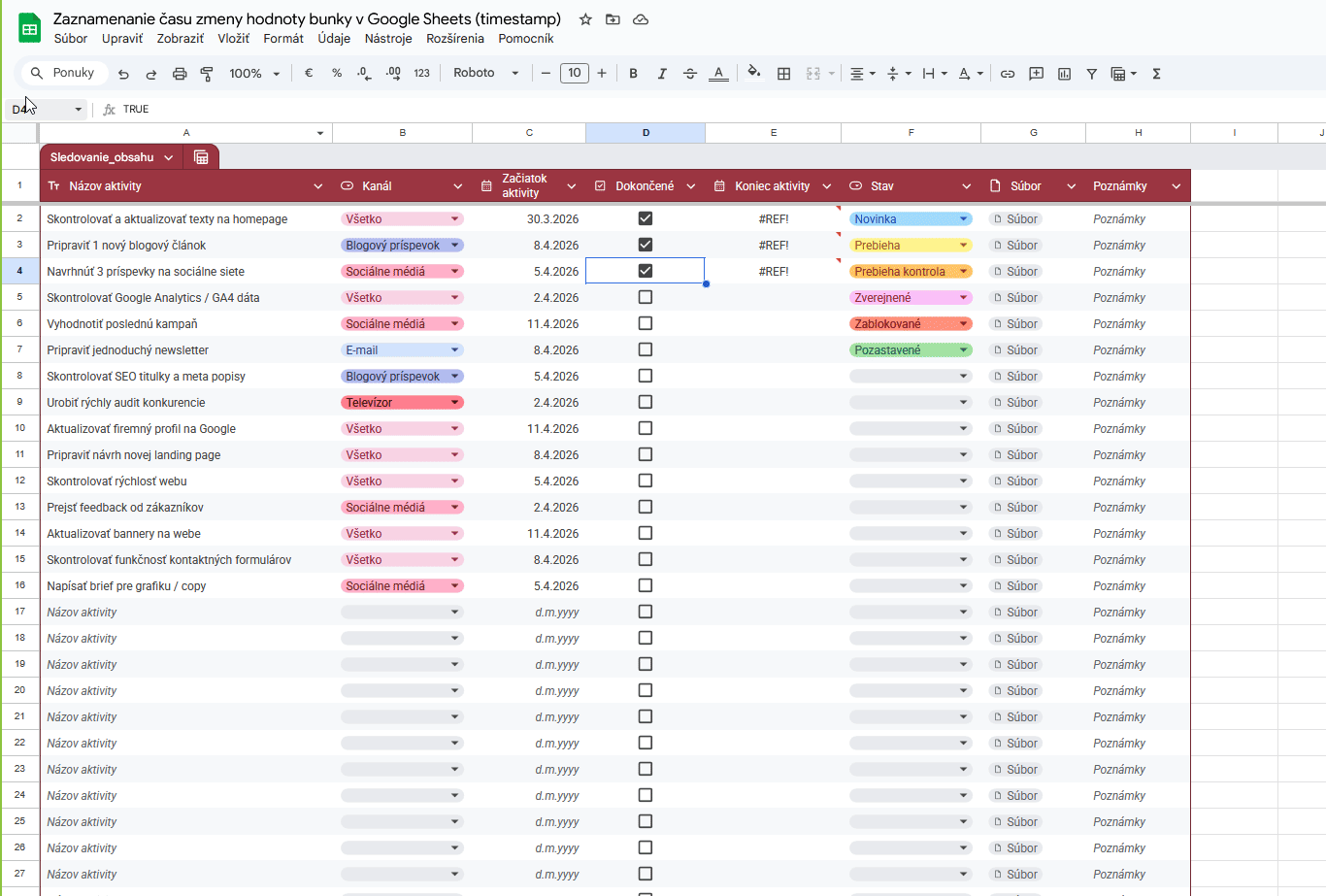 Zaznamenanie času zmeny hodnoty bunky v Google Sheets - timestamp